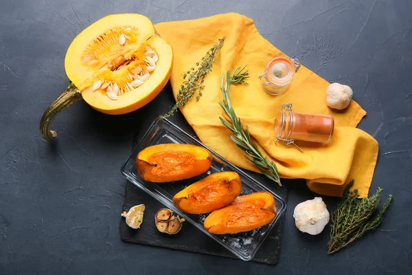 Dish Baked Pumpkin Pieces Spices Black Background — Stock Photo, Image