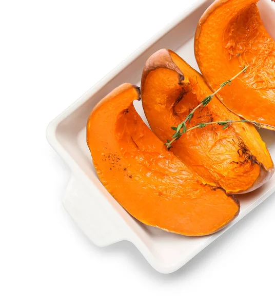 Dish Baked Pumpkin Pieces White Background Closeup — Stock Photo, Image