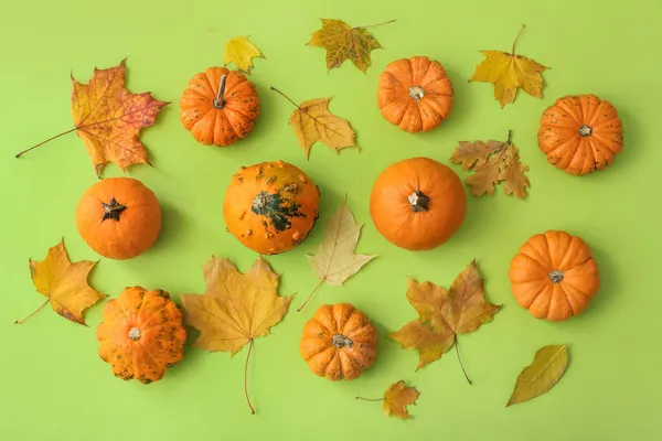 Ripe Beautiful Pumpkins Fallen Leaves Green Background — Stock Photo, Image