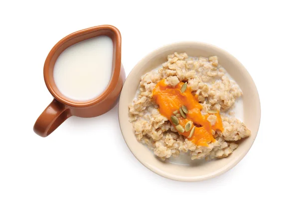 Bowl Tasty Oatmeal Pumpkin Milk White Background — Stock Photo, Image