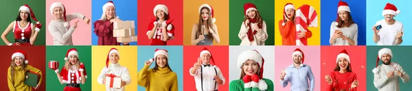 Noel Baba Şapkalı Renkli Arka Planda Bir Grup Insan — Stok fotoğraf