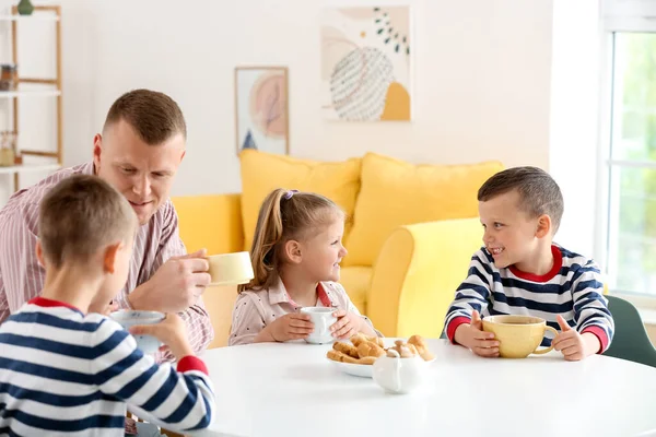 Happy Father His Little Children Spending Time Together Home — Stock Photo, Image