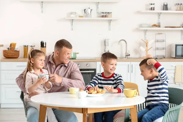 Happy Father His Little Children Spending Time Together Home — Stock Photo, Image