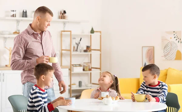 Happy Father His Little Children Spending Time Together Home — Stock Photo, Image