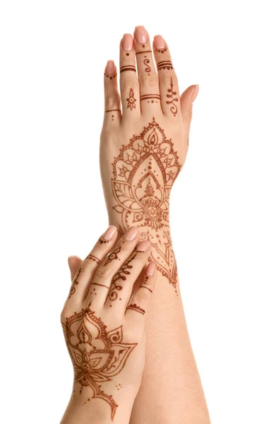 Belas Mãos Femininas Com Tatuagem Henna Isolada Fundo Branco — Fotografia de Stock