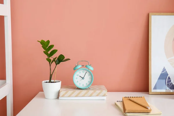 Alarm Clock Books Houseplant Decor Table Pink Wall Background — Stock Photo, Image