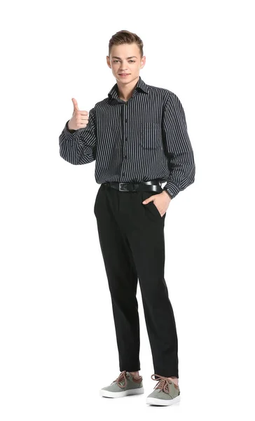 Stylish Teenage Boy Showing Thumb White Background — Stock Photo, Image