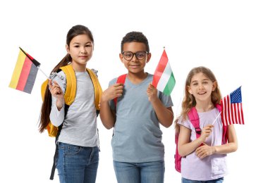 Dil okulunun öğrencileri beyaz arkaplanda