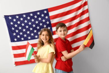 Dil okulunun öğrencileri ışık duvarının yanında Amerikan bayrağı taşıyor.