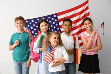 Dil okulunun öğrencileri ışık duvarının yanında Amerikan bayrağı taşıyor.