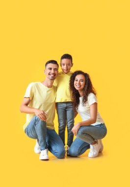 Renkli arka planda mutlu ırklar arası aile