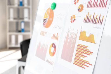 Ofisteki beyaz tahtada asılı belgeler