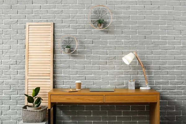 Comfortable Workplace Brick Wall Interior Room — Stock Photo, Image