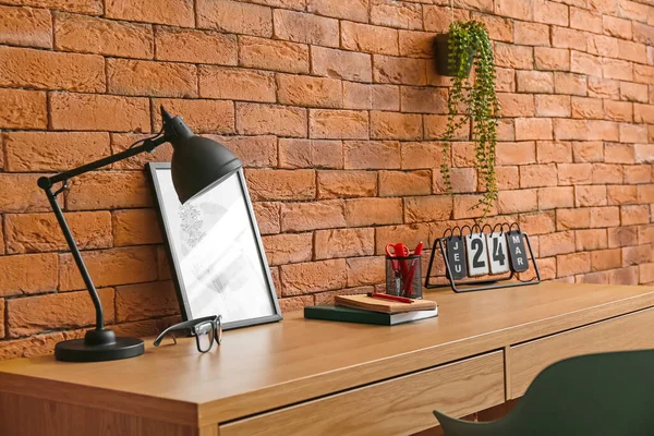 Comfortable Workplace Brown Brick Wall Interior Room — Stock Photo, Image