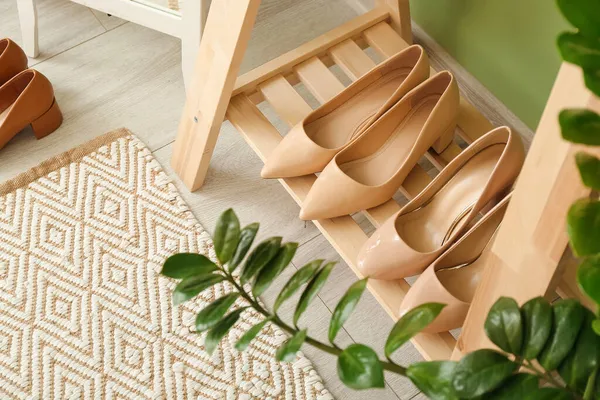 Wooden Stand Stylish Female Heels Hallway Interior — Stock Photo, Image