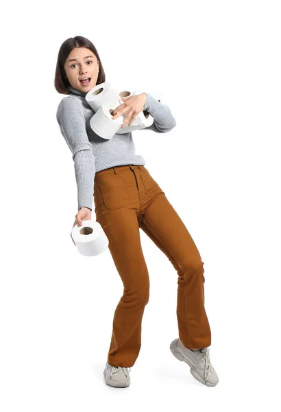 Junge Frau Mit Vielen Rollen Toilettenpapier Auf Weißem Hintergrund — Stockfoto