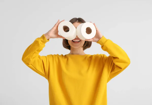 Funny Young Woman Toilet Paper Light Background — Stock Photo, Image