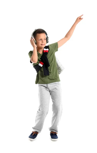 Dansande Liten Pojke Lyssnar Musik Isolerad Vit — Stockfoto