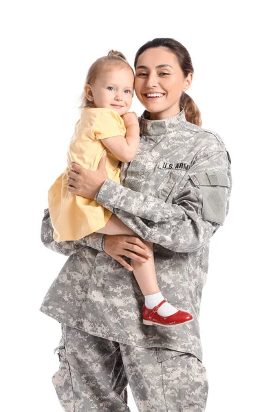 Female Soldier Her Little Daughter Isolated White — Stock Photo, Image