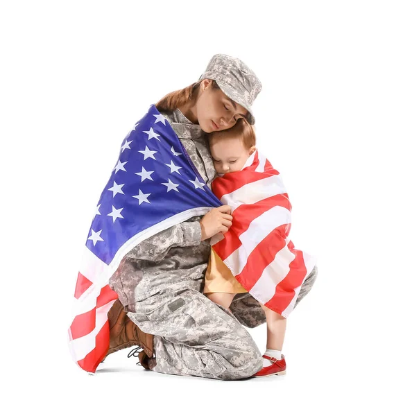 Női Katona Kislánya Amerikai Zászló Fehér Háttér — Stock Fotó