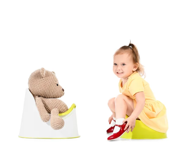 Cute Baby Girl Toy Bear Sitting Potties White Background — Stock Photo, Image