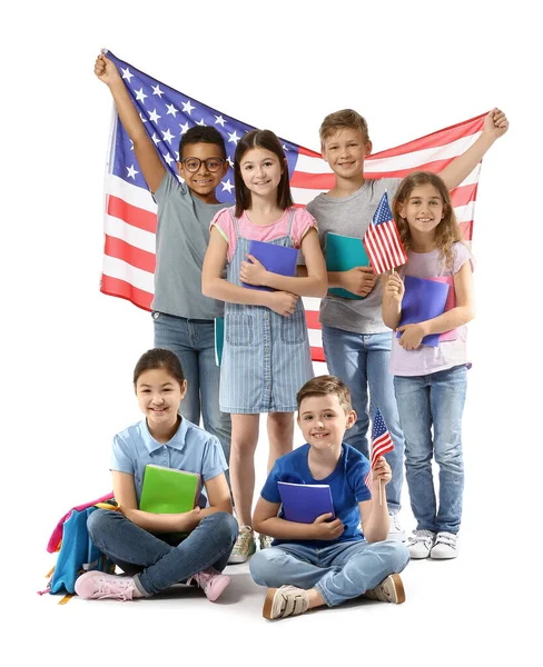 Nyelviskola Tanulói Egyesült Államokkal Zászlók Fehér Háttéren — Stock Fotó