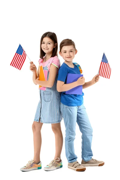 Alumnos Escuela Idiomas Con Banderas Estados Unidos Sobre Fondo Blanco — Foto de Stock