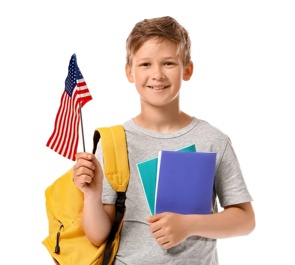 Alumno Escuela Idiomas Con Bandera Estados Unidos Sobre Fondo Blanco — Foto de Stock