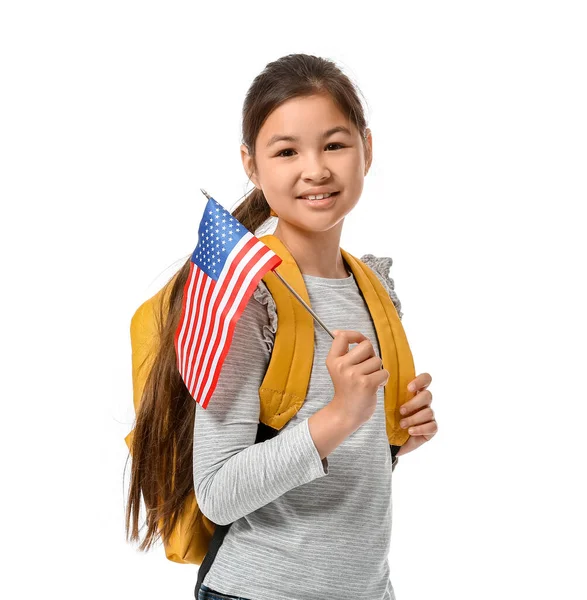 Žák Jazykové Školy Vlajkou Usa Bílém Pozadí — Stock fotografie