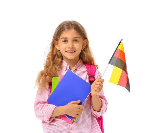 Alumno Escuela Idiomas Con Bandera Alemana Sobre Fondo Blanco — Foto de Stock