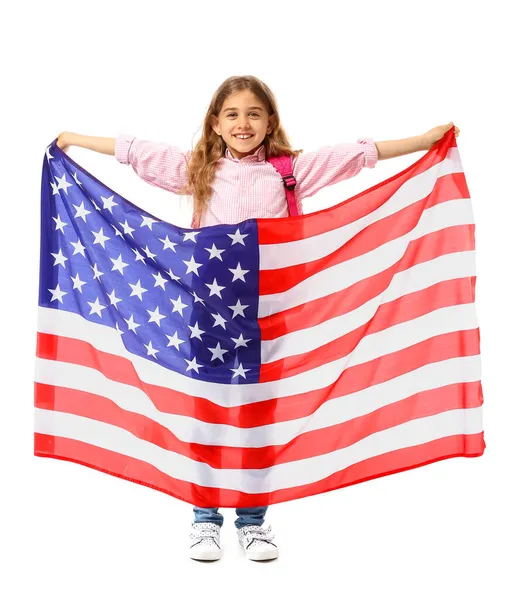Žák Jazykové Školy Vlajkou Usa Bílém Pozadí — Stock fotografie