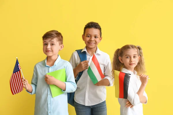 Alumnos Escuela Idiomas Con Diferentes Banderas Sobre Fondo Color — Foto de Stock