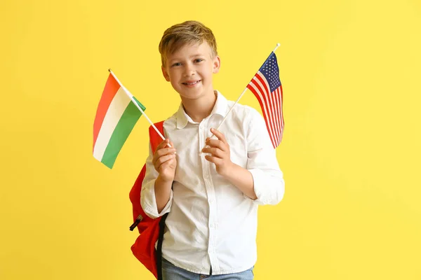Leerling Van Talenschool Met Verschillende Vlaggen Kleur Achtergrond — Stockfoto