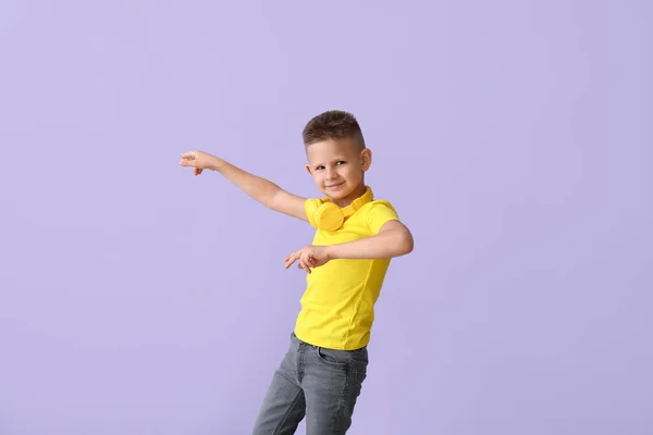 Cute Little Boy Dancing Color Background — Stock Photo, Image