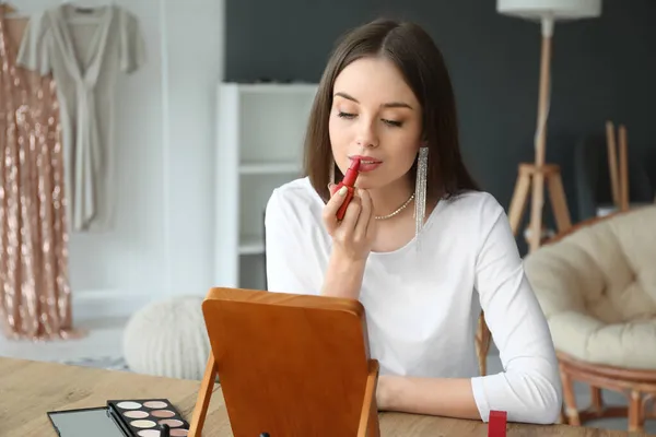 Pretty Young Woman Applying Red Lipstick Table Dressing Room — Stock Photo, Image