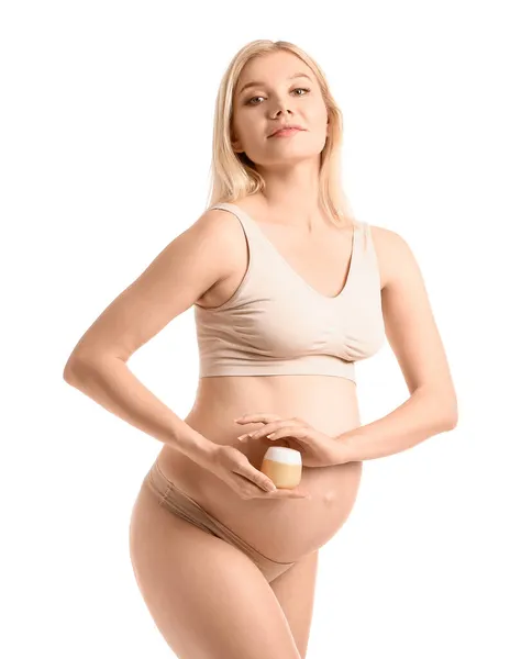 Belle Femme Enceinte Avec Crème Cosmétique Sur Fond Blanc — Photo