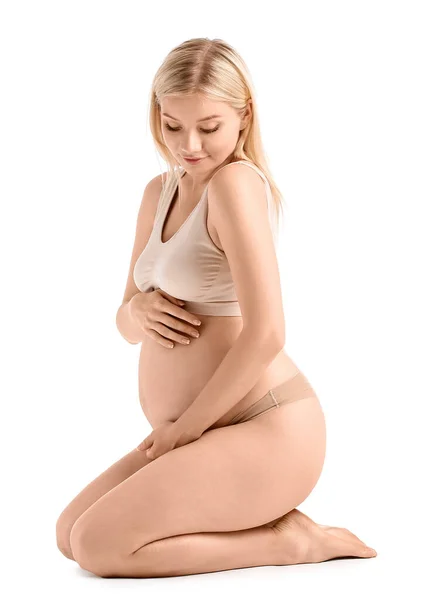 Hermosa Mujer Embarazada Sobre Fondo Blanco —  Fotos de Stock