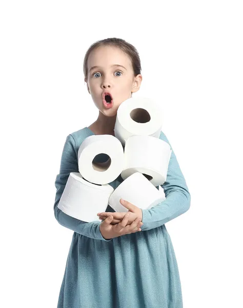 Shocked Little Girl Rolls Toilet Paper White Background — Stock Photo, Image