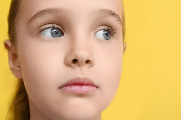 Portrait Cute Little Girl Yellow Background Closeup — Stock Photo, Image