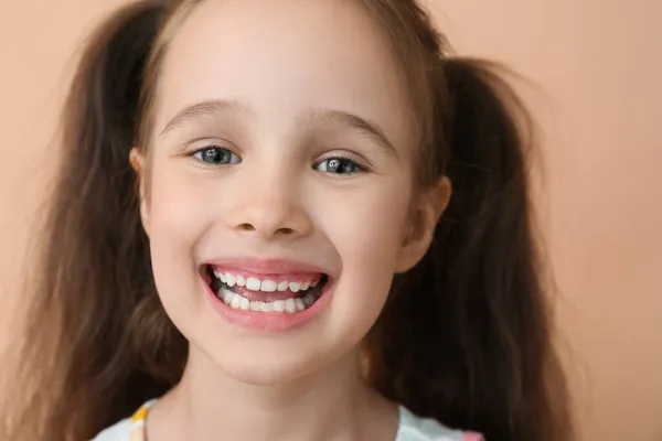 Portrait Smiling Little Girl Ponytails Beige Background Closeup — Stock Photo, Image