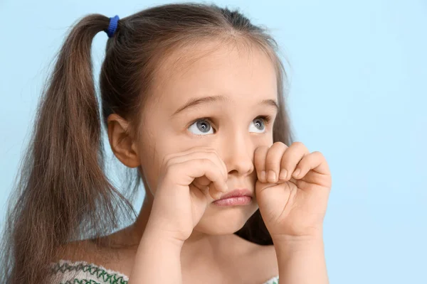 Portrait Crying Little Girl Ponytails Blue Background Closeup — Stock Photo, Image