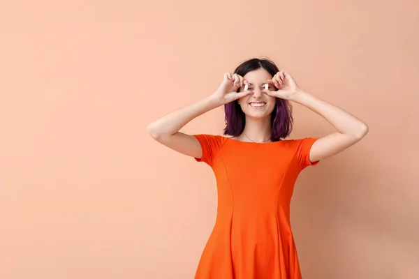 Young Woman Chewing Gums Beige Background — Stock Photo, Image