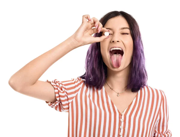 Young Woman Chewing Gum Showing Tongue White Background — Stock Photo, Image