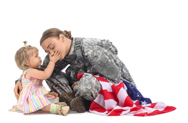 Női Katona Amerikai Zászló Aranyos Kislány Fehér Háttér — Stock Fotó