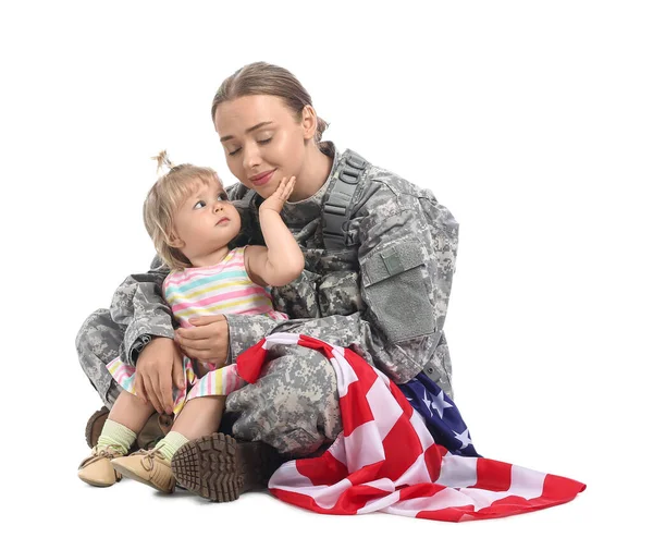 Soldado Feminino Feliz Com Bandeira Dos Eua Sua Menina Fundo — Fotografia de Stock