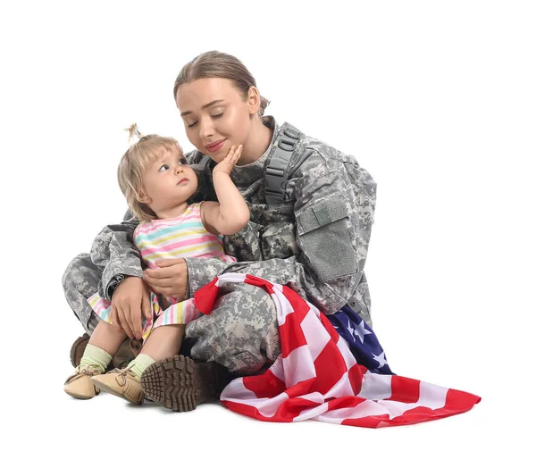 Feliz Soldado Femenino Con Bandera Niña Sobre Fondo Blanco —  Fotos de Stock