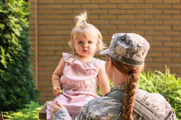 Cute Baby Girl Her Military Mother Outdoors — Stock Photo, Image