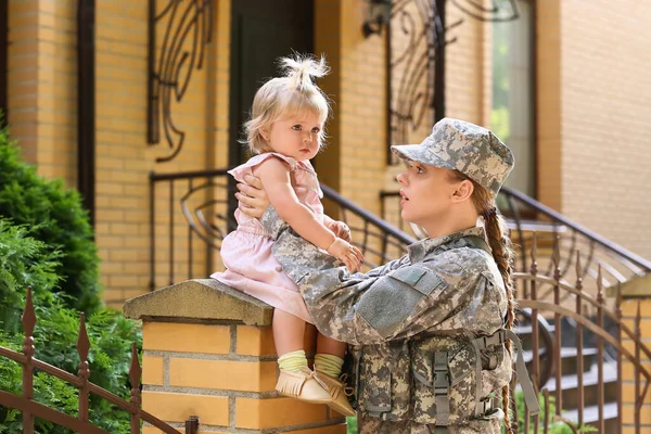 Cute Baby Girl Her Military Mother Outdoors — Stock Photo, Image