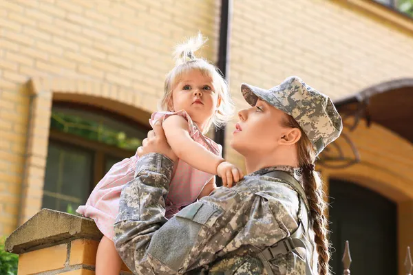 Cute Baby Girl Her Military Mother Outdoors — Stock Photo, Image