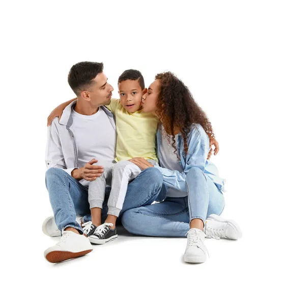 Familia Interracial Feliz Sobre Fondo Blanco —  Fotos de Stock